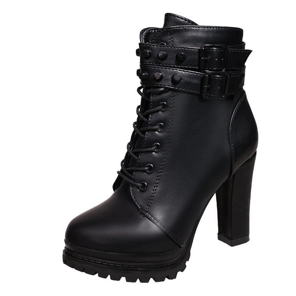 Women High Heel Leather Multi Strap Boots