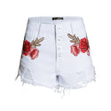 Floral Embroidered Ripped Frayed Denim Button-up Jean Shorts