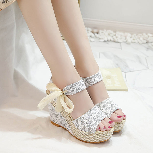 Mesh Bow Textured High Heel Patterned Sandals