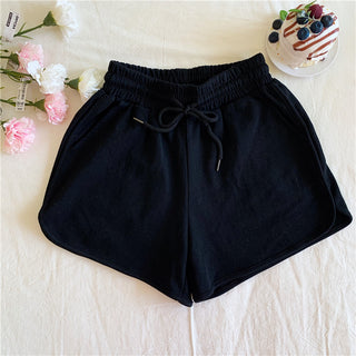 Buy black High Waist Solid Color Cotton Drawstring Shorts