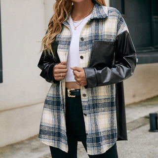 Buy navy-blue Casual Double Pocket Plaid Jacket