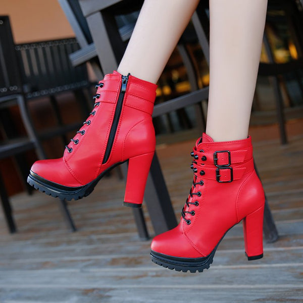 Women High Heel Leather Multi Strap Boots