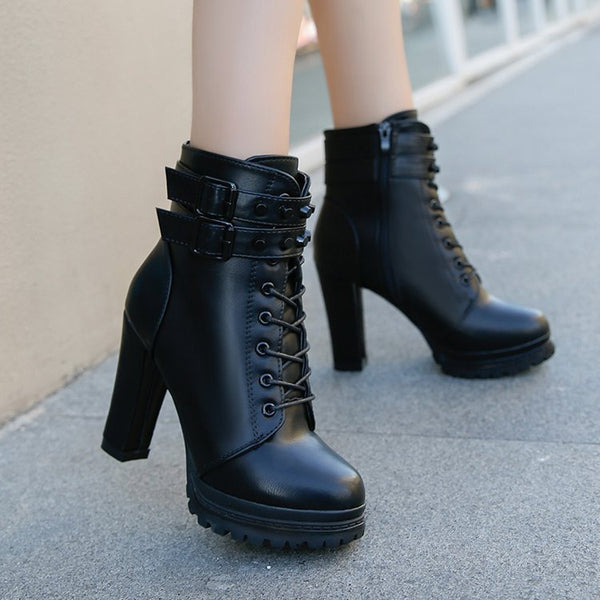 Women High Heel Leather Multi Strap Boots