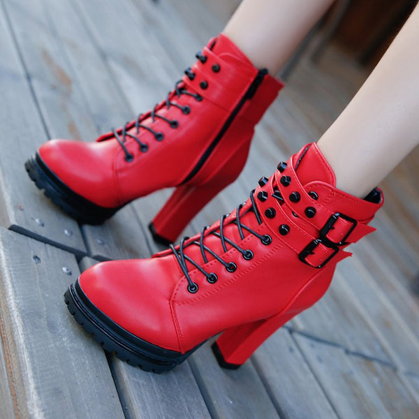 Women High Heel Leather Multi Strap Boots