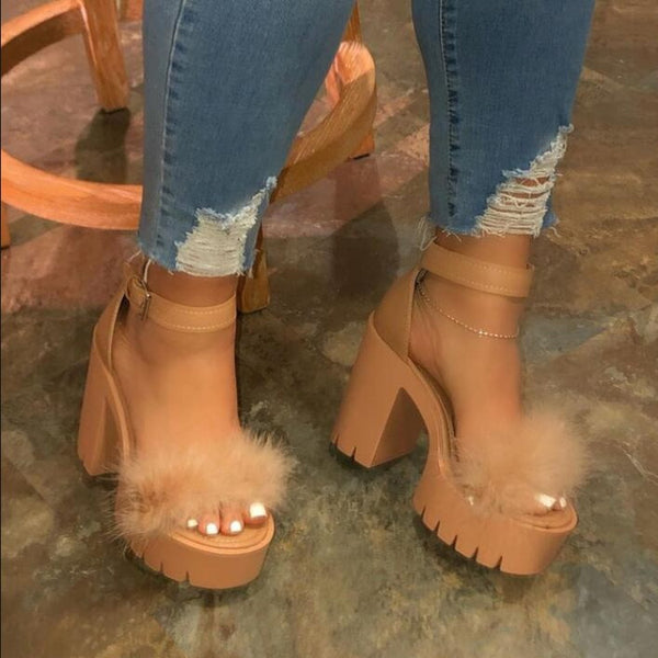 Women Thick-heeled Fuzzy Sandals