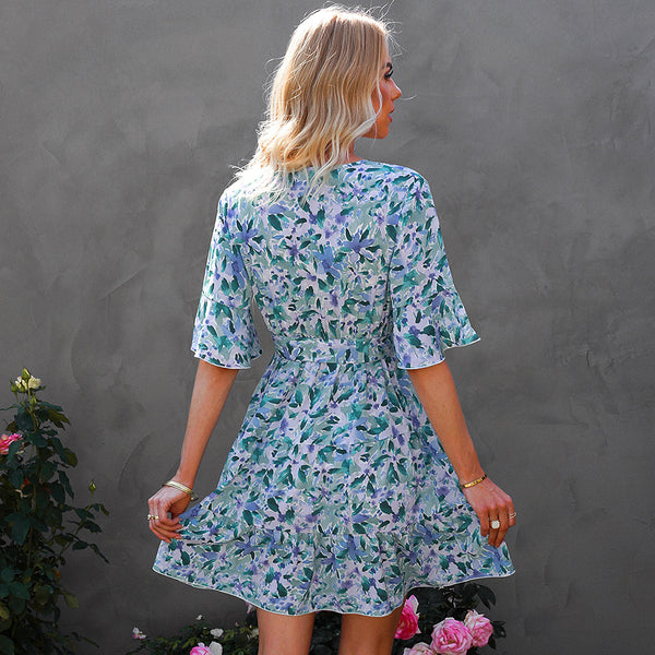 V-Neck Short-Sleeved Ruffled Floral Dress