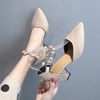 Buy apricot-thick-heel Women Pointed Stiletto Ring Buckle High Heels