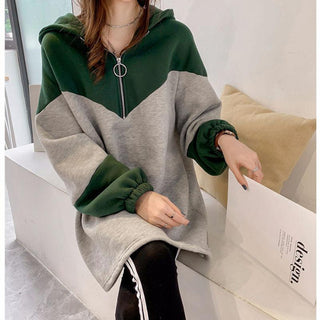 Buy green Lengthened V-Neck Zipper Hoodie