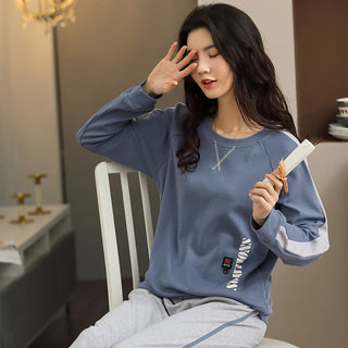 Buy gray-blue Women Knitted Round Neck Loungewear Suit