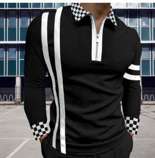 Buy black1 Men Lapel Striped Slim Polo Shirt