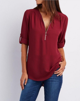 Buy claret Women&#39;s Long Sleeve Loose V-neck Shirt