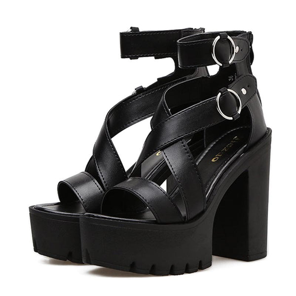 Leather Strap Double Buckle Thick Heeled Sandal