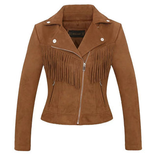 Women Lapel Tassel Suede Leather Jacket