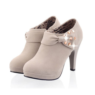 Buy grey Round Bow Rhinestone Suede High Heel Boot