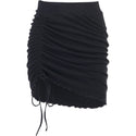 Drawstring Pleated Split A-line Cotton Hip Skirt