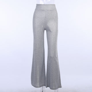 Buy silver Women Silver Shiny Wide-leg Pants