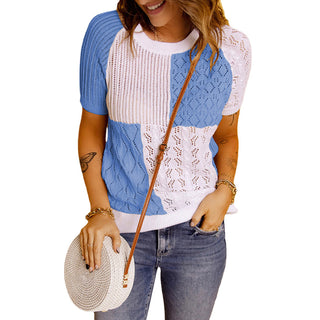 Buy blue Square Block Short-sleeved Knitted Sweater