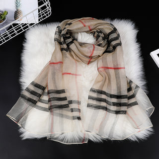 Buy beige Women Classic Plaid Silk Scarf