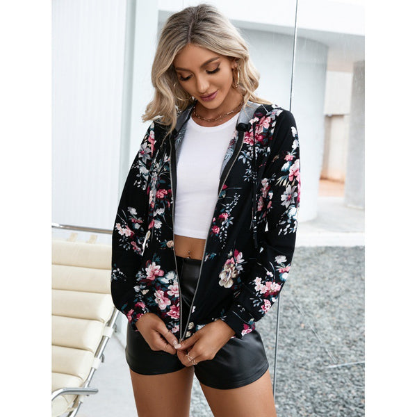 Printed Hooded Zip-up Floral Sweater