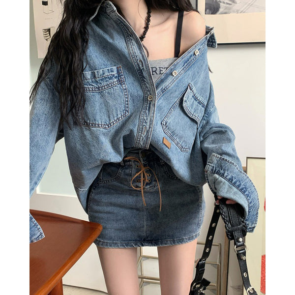 Women Single Breasted Loose Denim Jacket