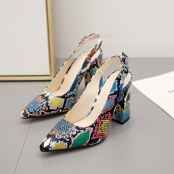 Snake Print Thick Pointed High Heeled Shoes