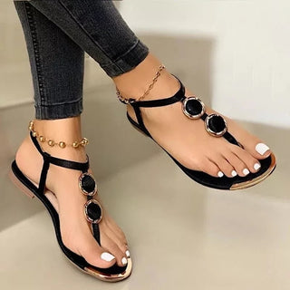 Buy black Double Round Buckle Skinny Strap Flat Leather Sandals