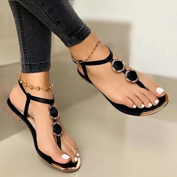 Double Round Buckle Skinny Strap Flat Leather Sandals