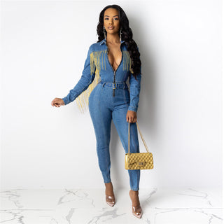 Buy tassels Fringed Denim Jumpsuit