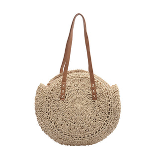 Buy beige Round Hollow Straw Crochet Shoulderbag