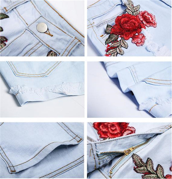 Embroidered Floral Stitching Curled Denim Shorts