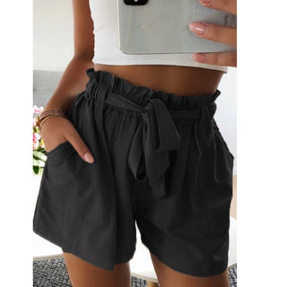 Buy black Ruffled Waist Belted Cotton Blended Shorts