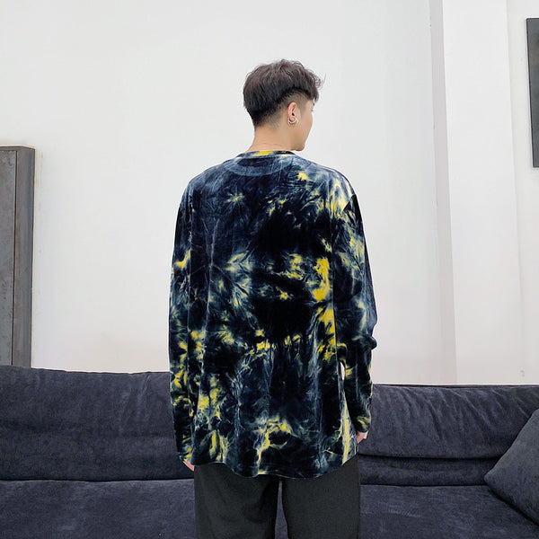 Men Long Sleeve Tie-dye Gold Velvet Shirt