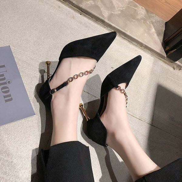 Anklet Suede Rhinestone Pointed Stiletto Heels