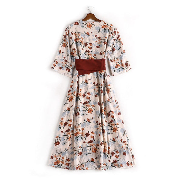 Floral Chiffon Belted Style Dress