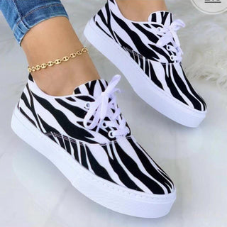 Buy black-and-white-strips Women Lace-up Print Canvas Fashion Sneakers