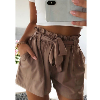 Buy brown Ruffled Waist Belted Cotton Blended Shorts