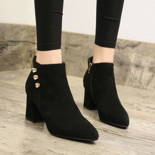 Pointed Thick Heel Martin Boots with Side Buttons