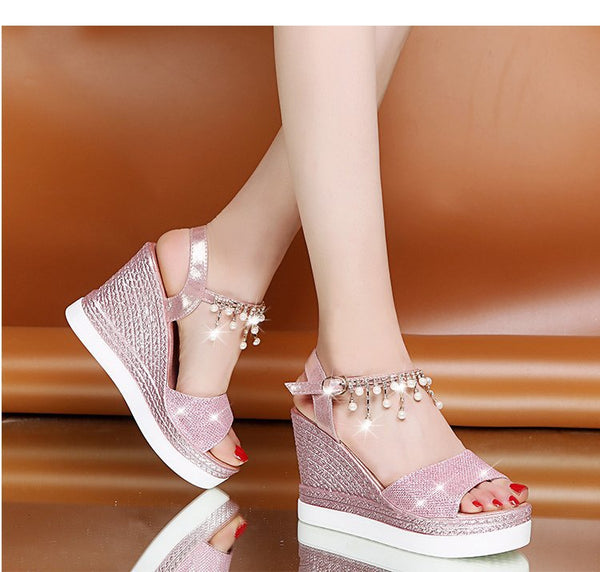 Hanging Strap Sparkly Wedge Platform Sandals