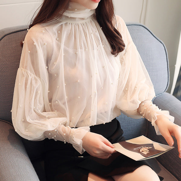 Lantern Sleeve Mesh Chiffon Top