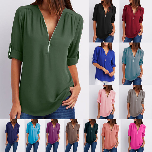 Women's Long Sleeve Loose V-neck Shirt