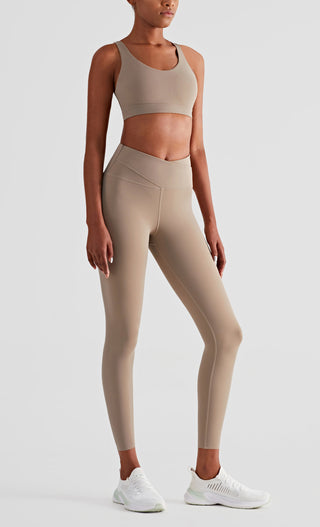 Buy brown Double Waist Cross Over Nylon Leggings