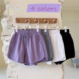 High Waist Solid Color Cotton Drawstring Shorts