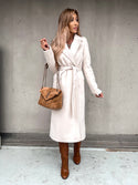 Women V Neck Belted Waist Woolen Coat