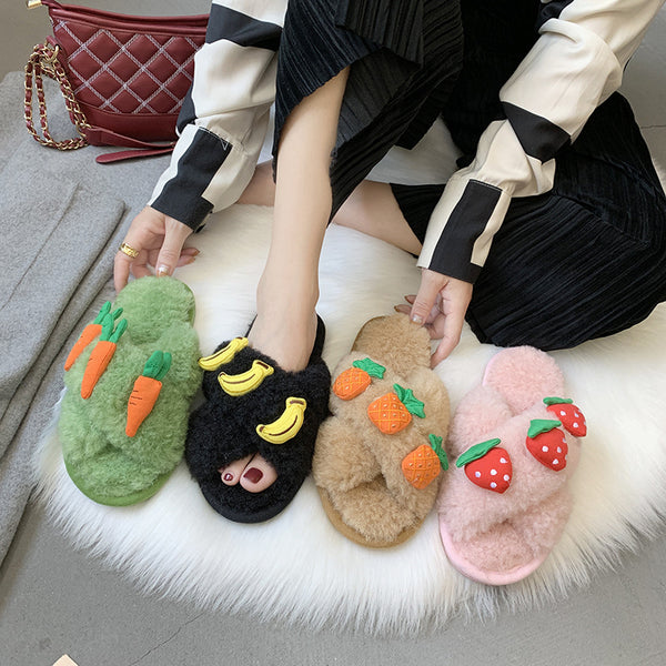 Fruit Cross Strapped Plush Slip-on Comfort Shoes