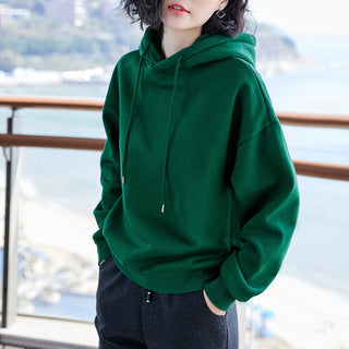 Buy green Loose Solid Colored Crew Neck Hoodie