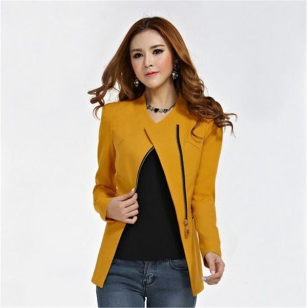 Women Solid Color Zip Slim Fit Blazer Coat