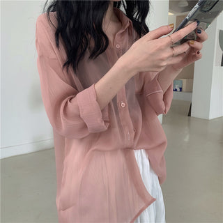 Buy pink Chiffon See-through Collared Cardigan Top