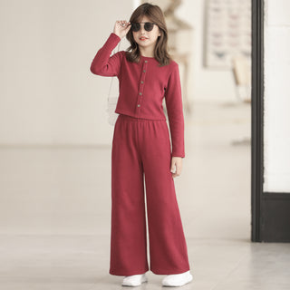 Two Piece Simple Warm Straight-leg Pants and Buttoned Top