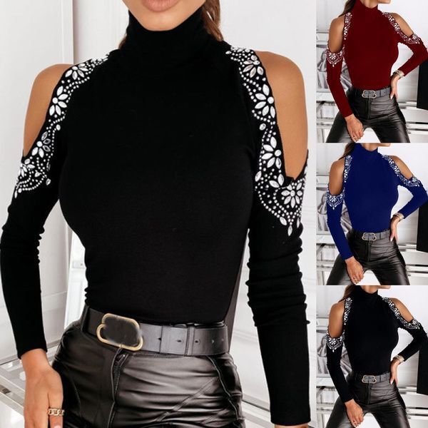 Turtleneck Off Shoulder Sequined Shirt