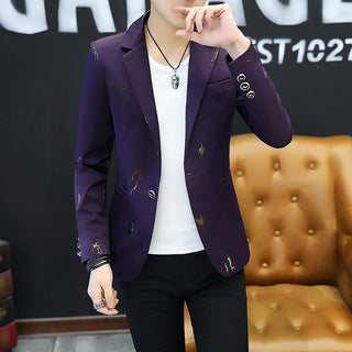 Buy purple Men One-button Bronzing Leaf Print Blazer